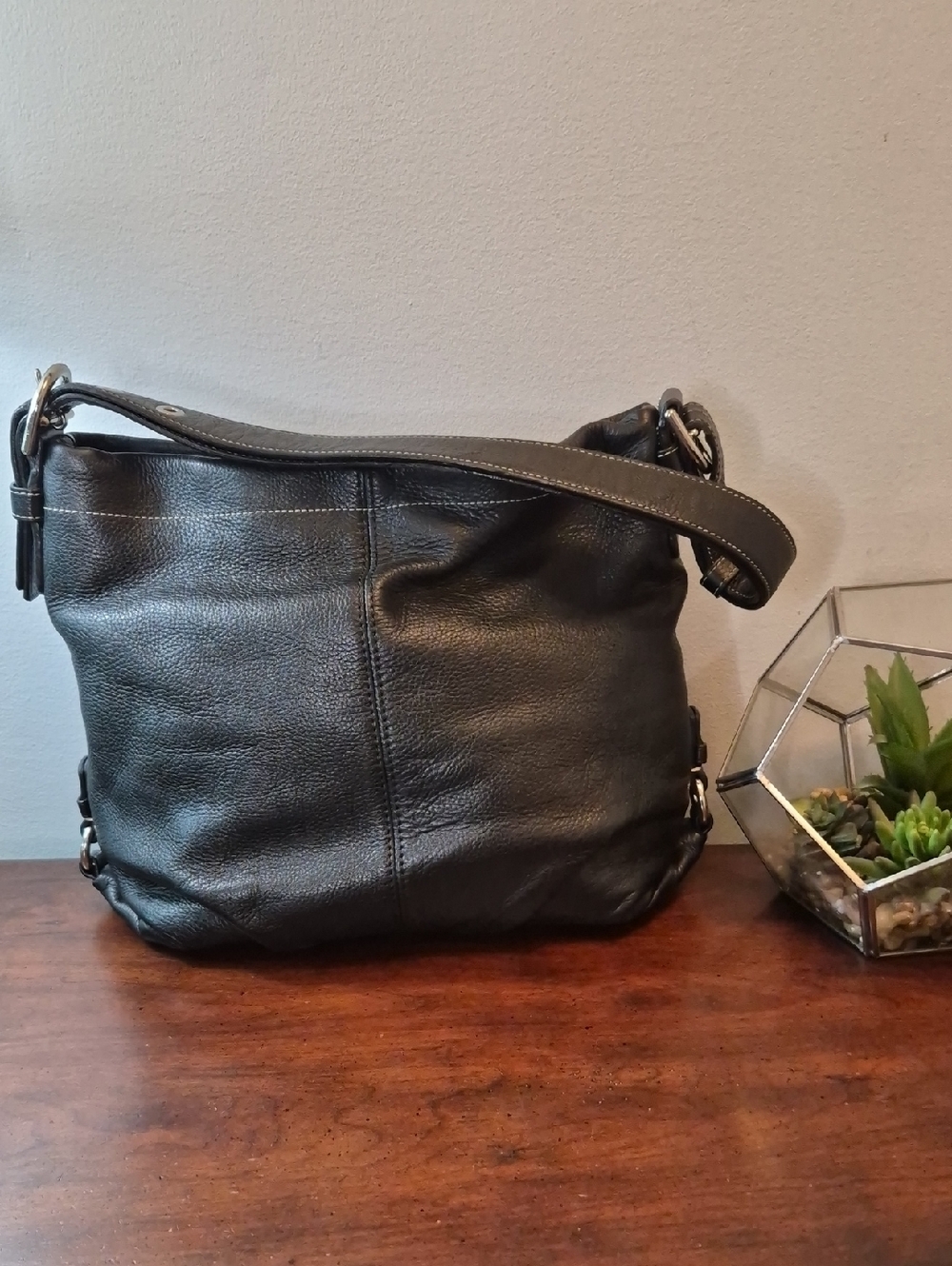 Coach F15064 Pebbled Black Leather Convertible Duffle Hobo Crossbody Bag